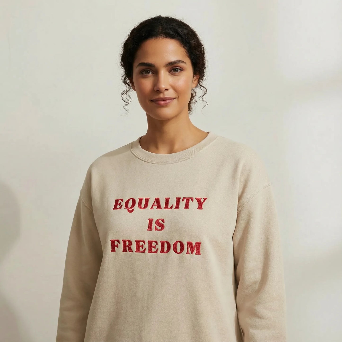 TP:HERO Front studio view of Equality Is Freedom embroidered sweatshirt in Sand