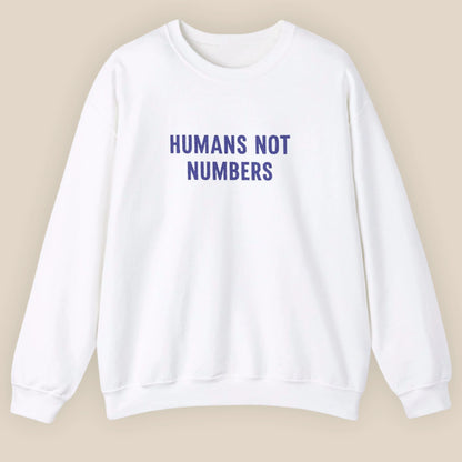 Flat lay of Humans Not Numbers embroidered sweatshirt in white
