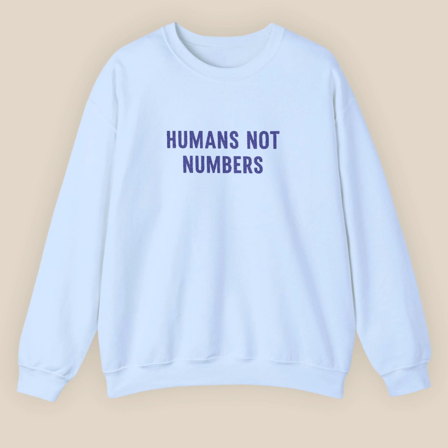 Flat lay of Humans Not Numbers embroidered sweatshirt in light blue