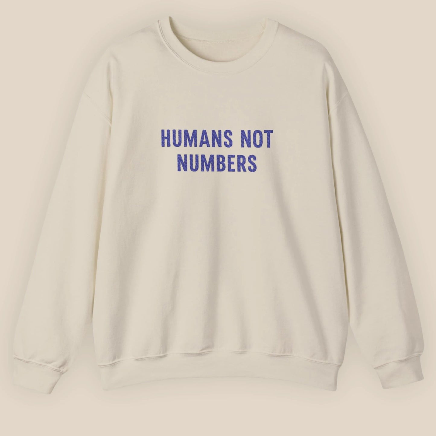 Flat lay of Humans Not Numbers embroidered sweatshirt in sand