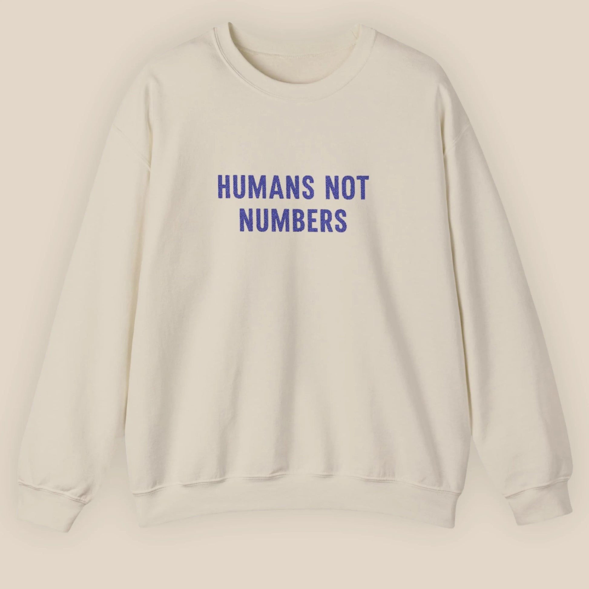Flat lay of Humans Not Numbers embroidered sweatshirt in sand