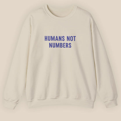 Flat lay of Humans Not Numbers embroidered sweatshirt in sand