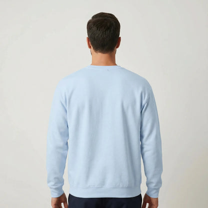 Humans Not Numbers embroidered slogan sweatshirt in light blue, back view.