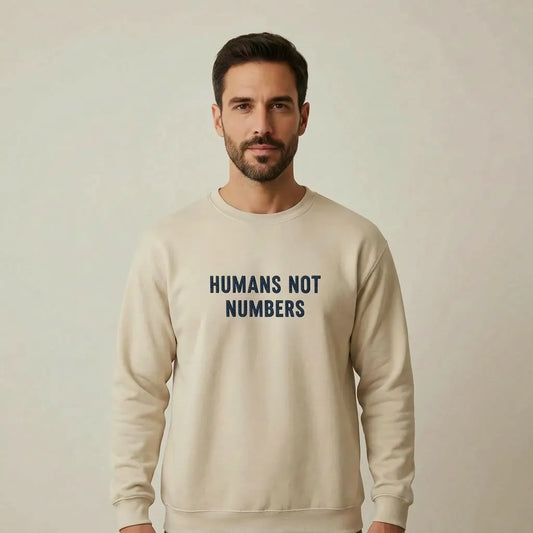 TP:HERO Humans Not Numbers embroidered slogan sweatshirt in sand with navy, front view.