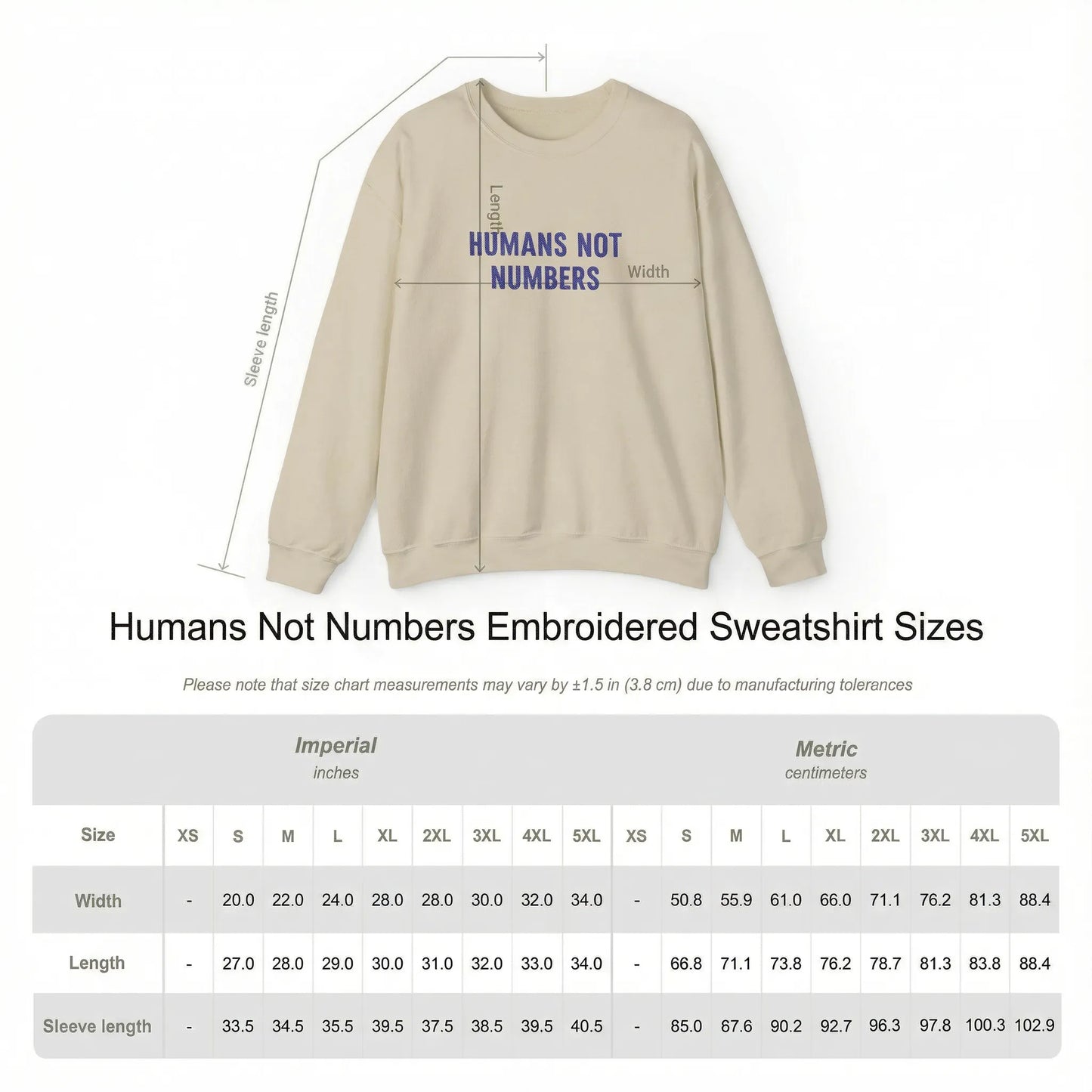 Size chart of Humans Not Numbers embroidered sweatshirt in sand