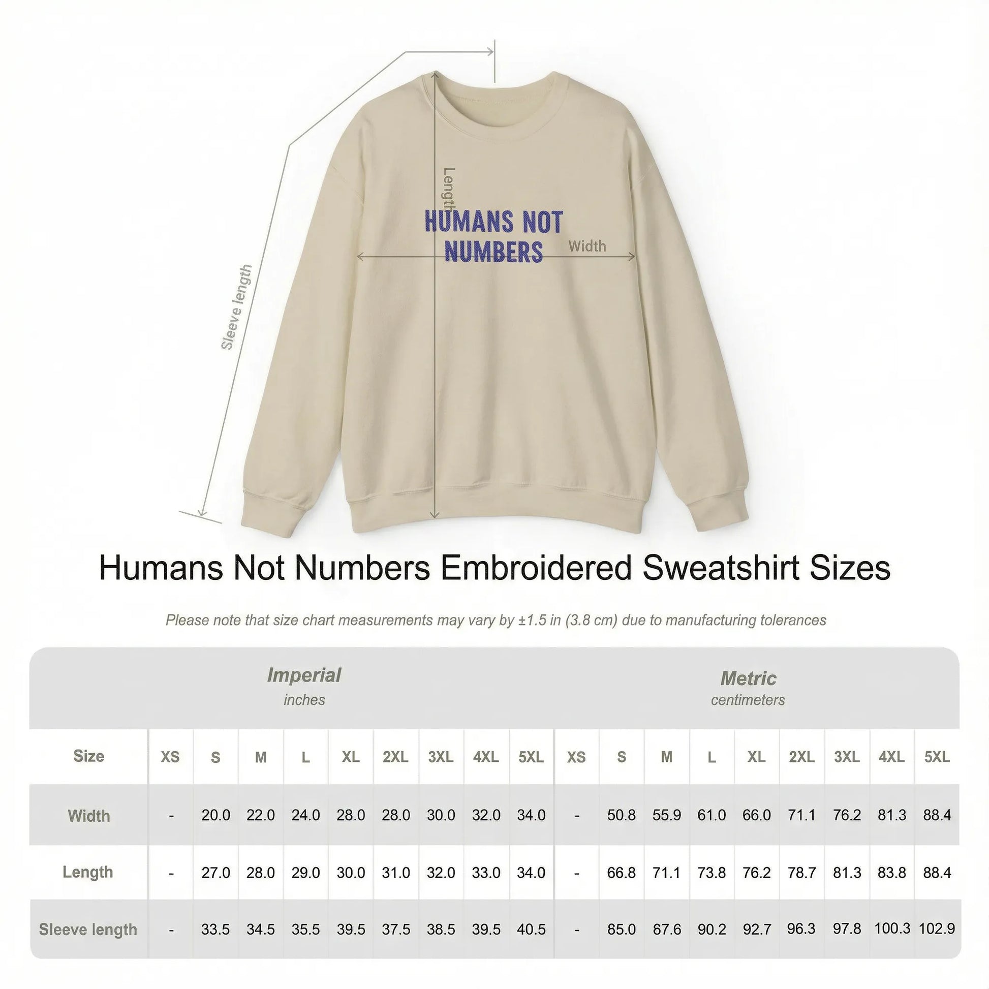 Size chart of Humans Not Numbers embroidered sweatshirt in sand