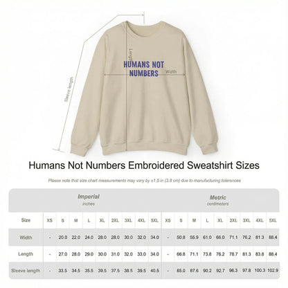 Size chart of Humans Not Numbers embroidered sweatshirt in sand
