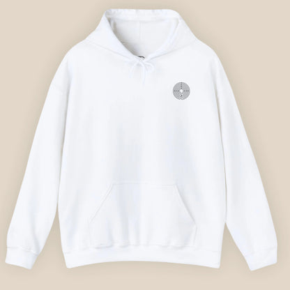 Flat lay of Labyrinth Hoodie in White displaying the circular labyrinth print