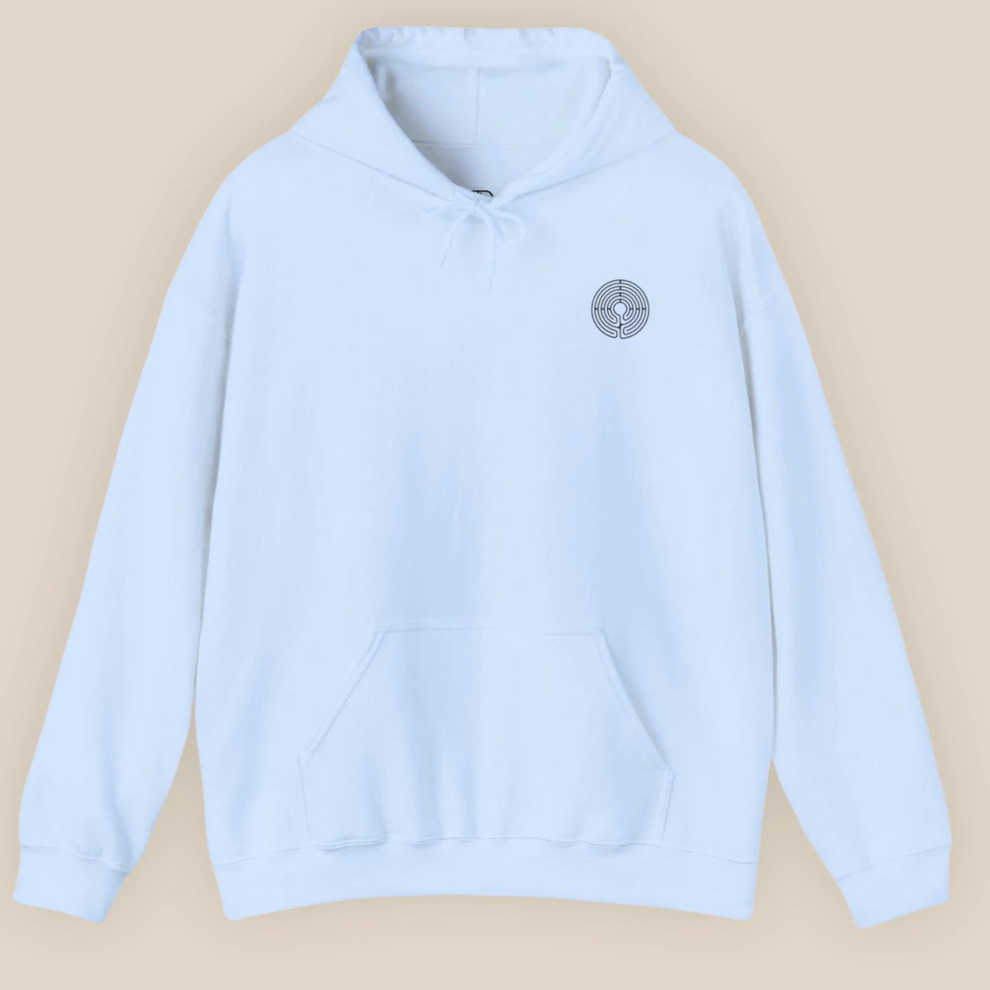 Flat lay of Labyrinth Hoodie in Light Blue displaying the circular labyrinth print