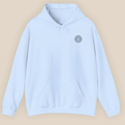 Flat lay of Labyrinth Hoodie in Light Blue displaying the circular labyrinth print