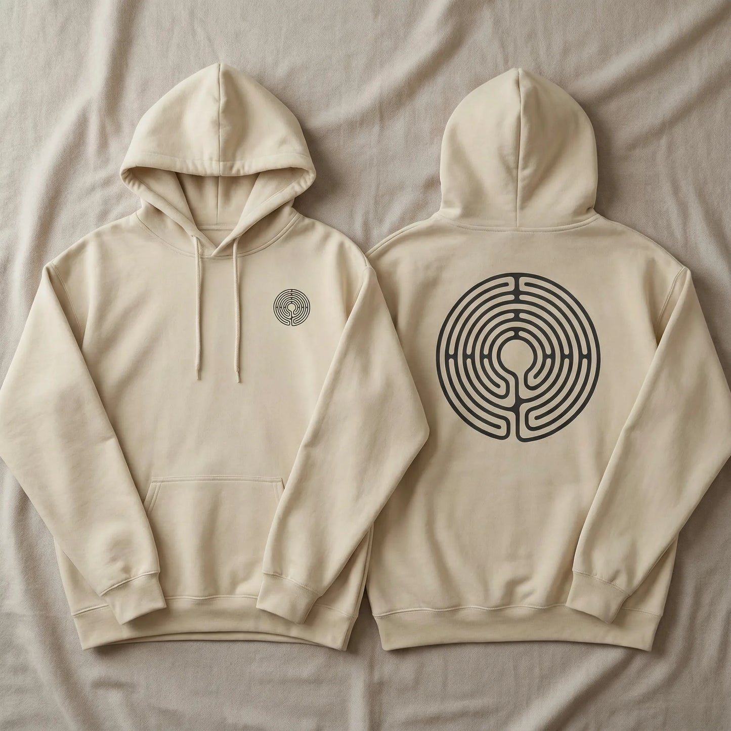 Flat lay showing both front chest glyph and back labyrinth design on hoodie
