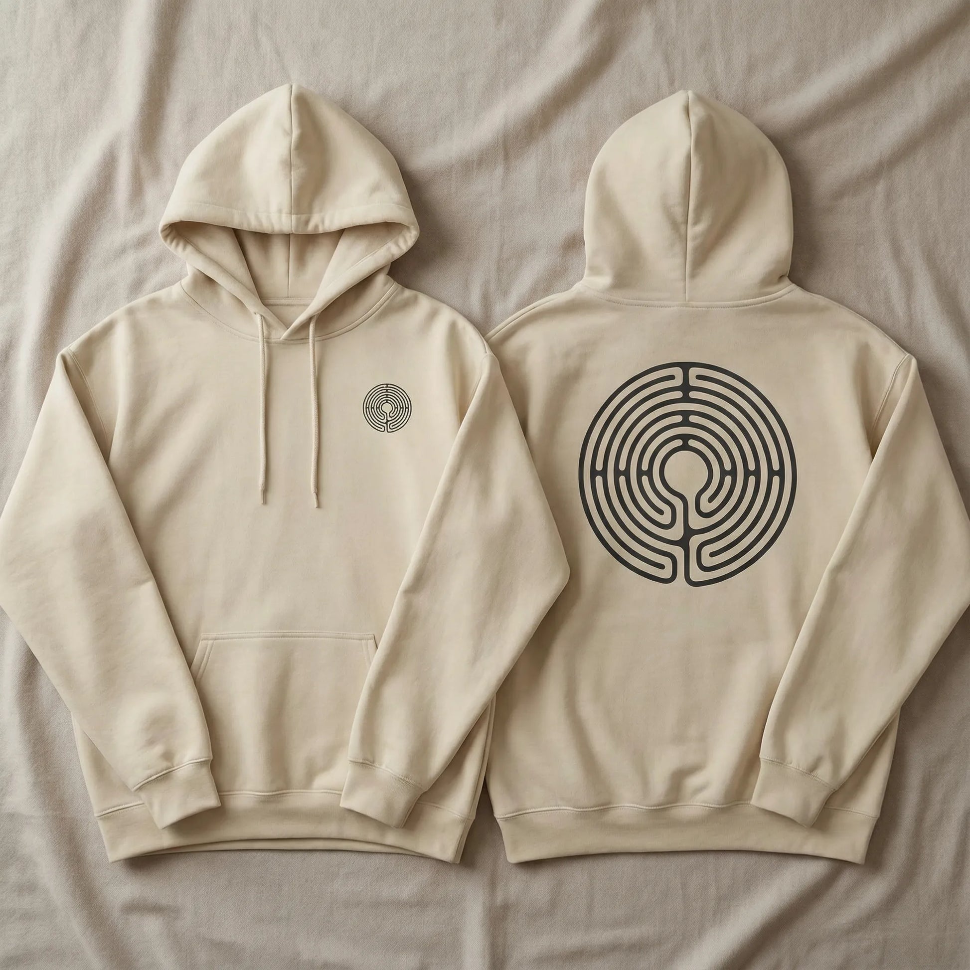Flat lay showing both front chest glyph and back labyrinth design on hoodie