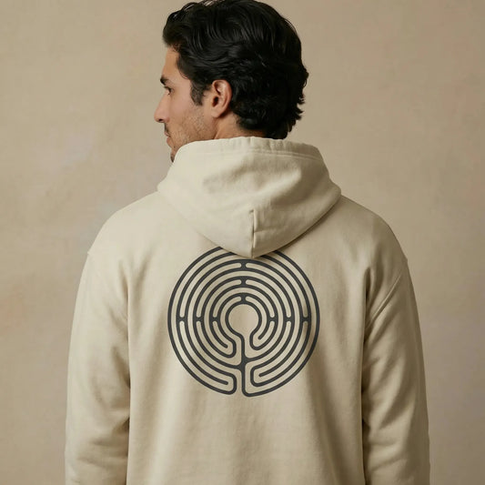 Back view of Labyrinth Hoodie showing full circular Minoan labyrinth print