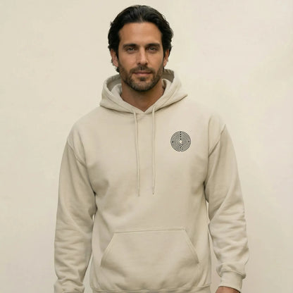 TP:HERO Front view of Labyrinth Hoodie with small circular labyrinth chest glyph