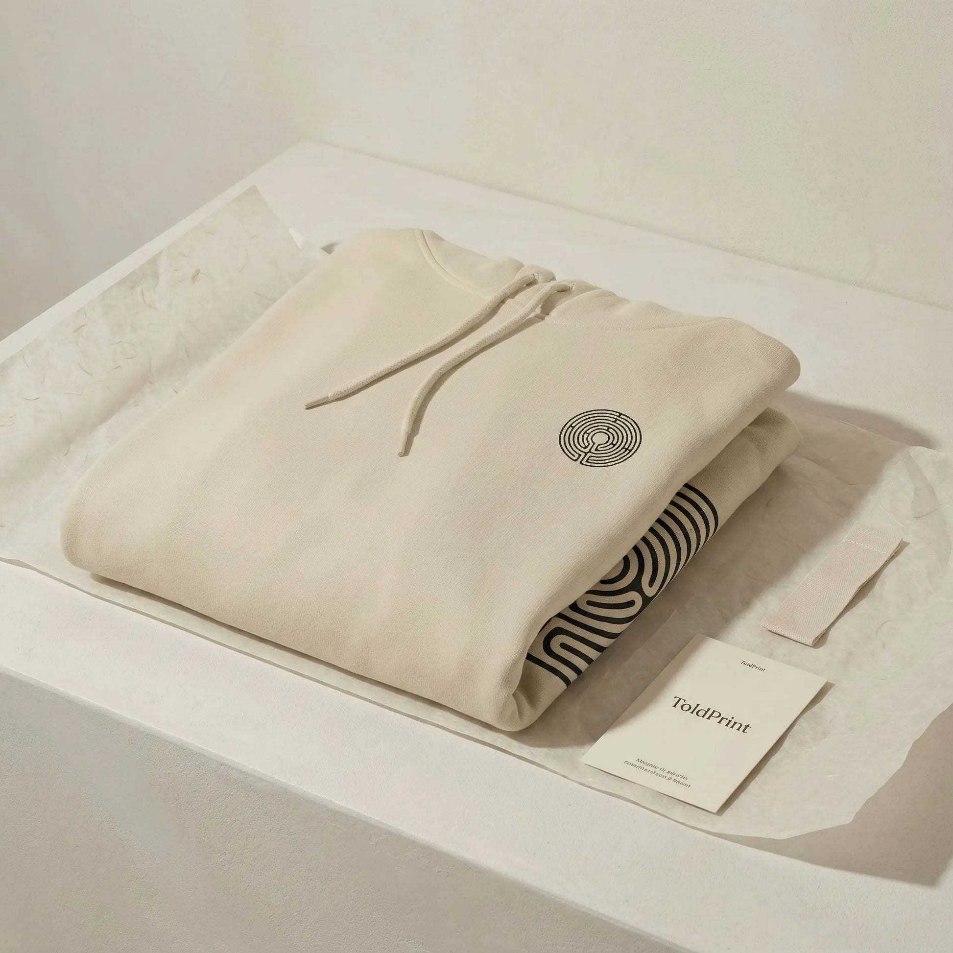 Folded Labyrinth Hoodie with visible labyrinth motif and minimal ToldPrint packaging