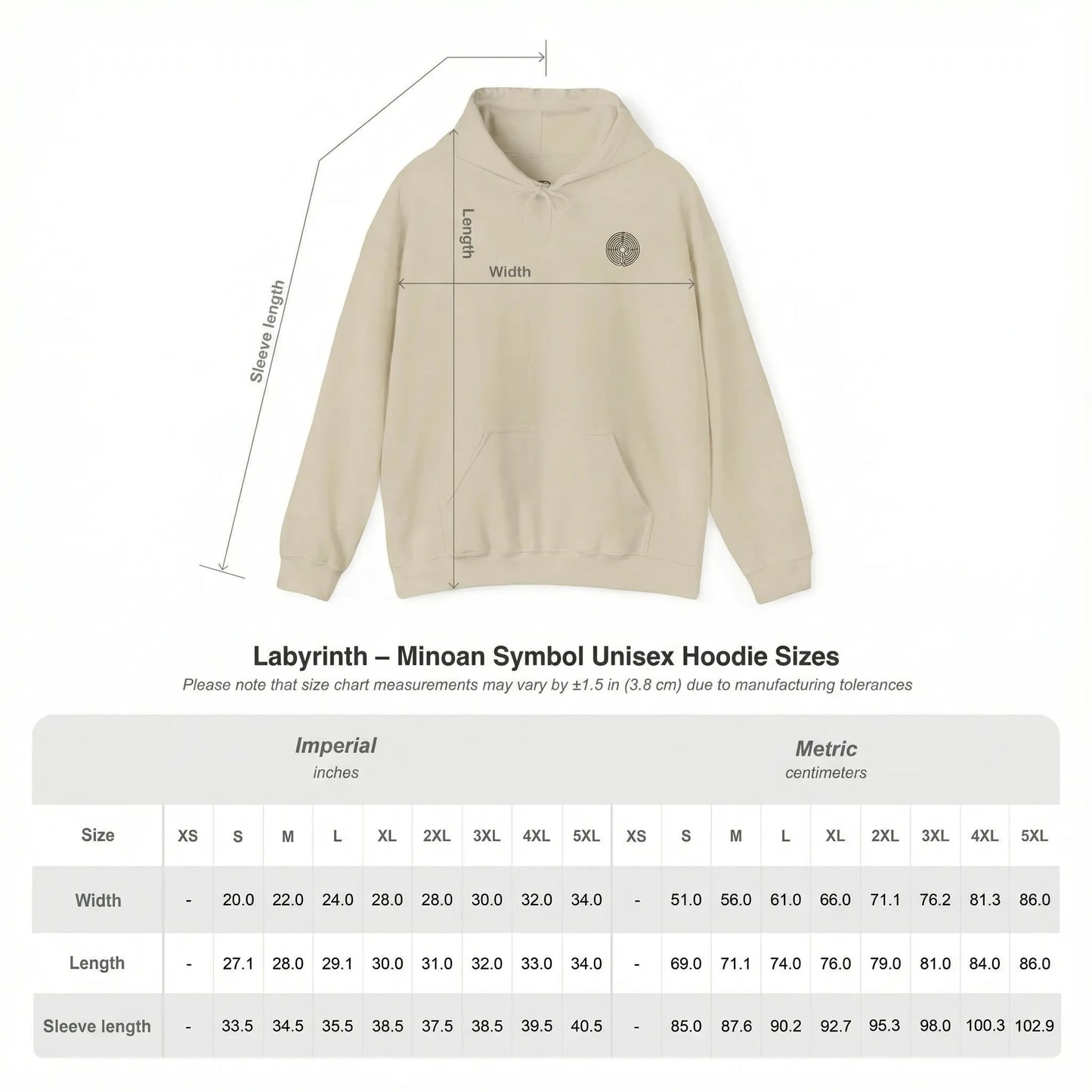 Size Chart of Labyrinth Minoan Unisex Hoodie