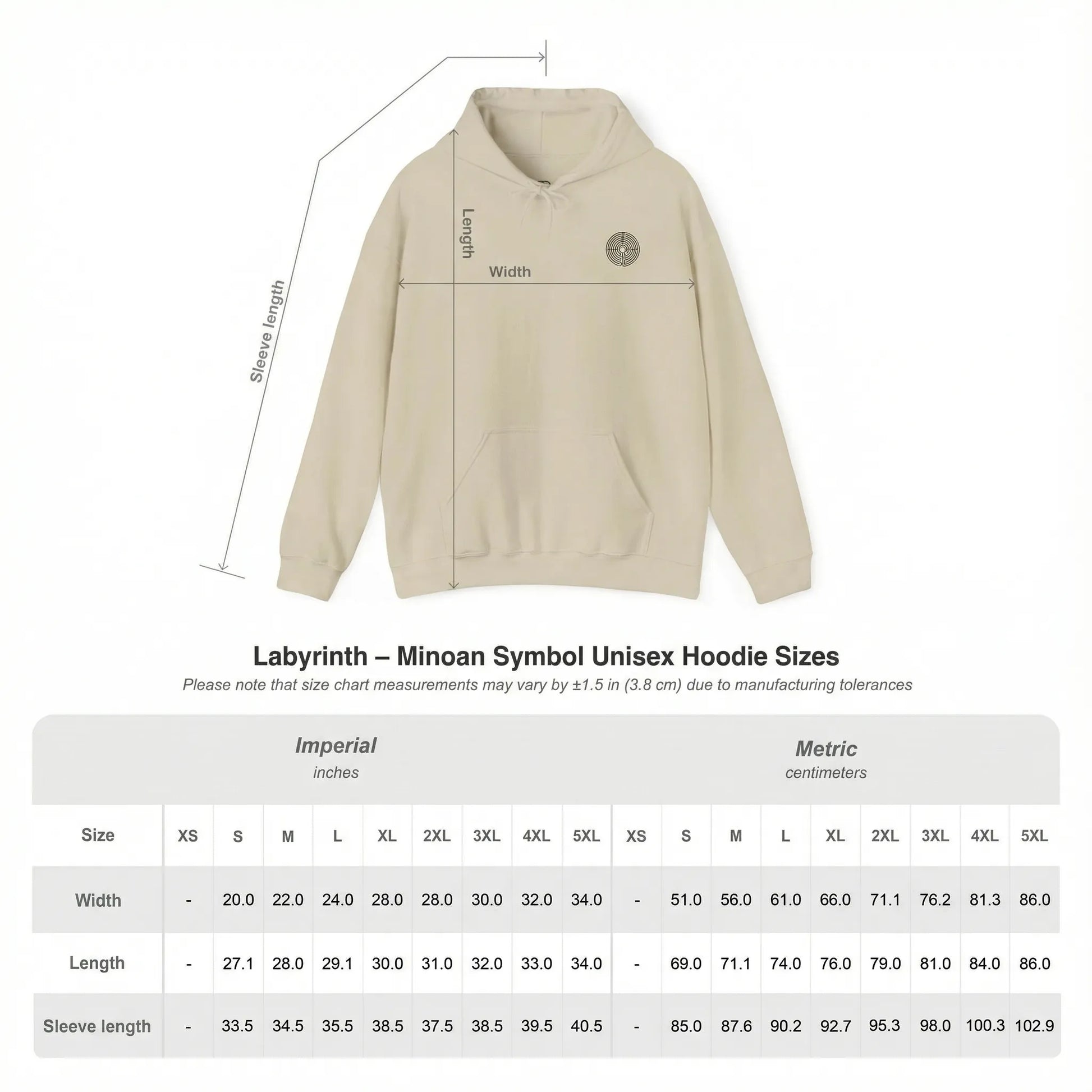 Size Chart of Labyrinth Minoan Unisex Hoodie