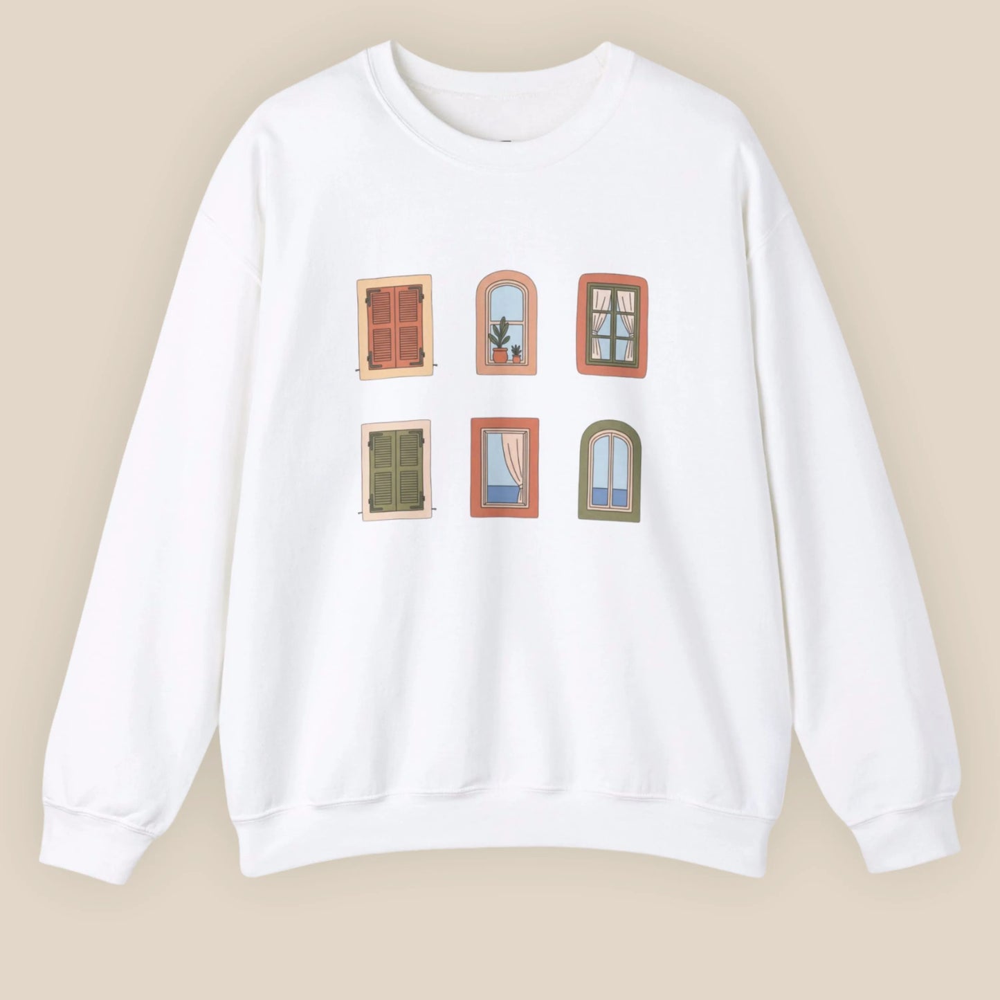 White sweatshirt with window illustrations on a beige background