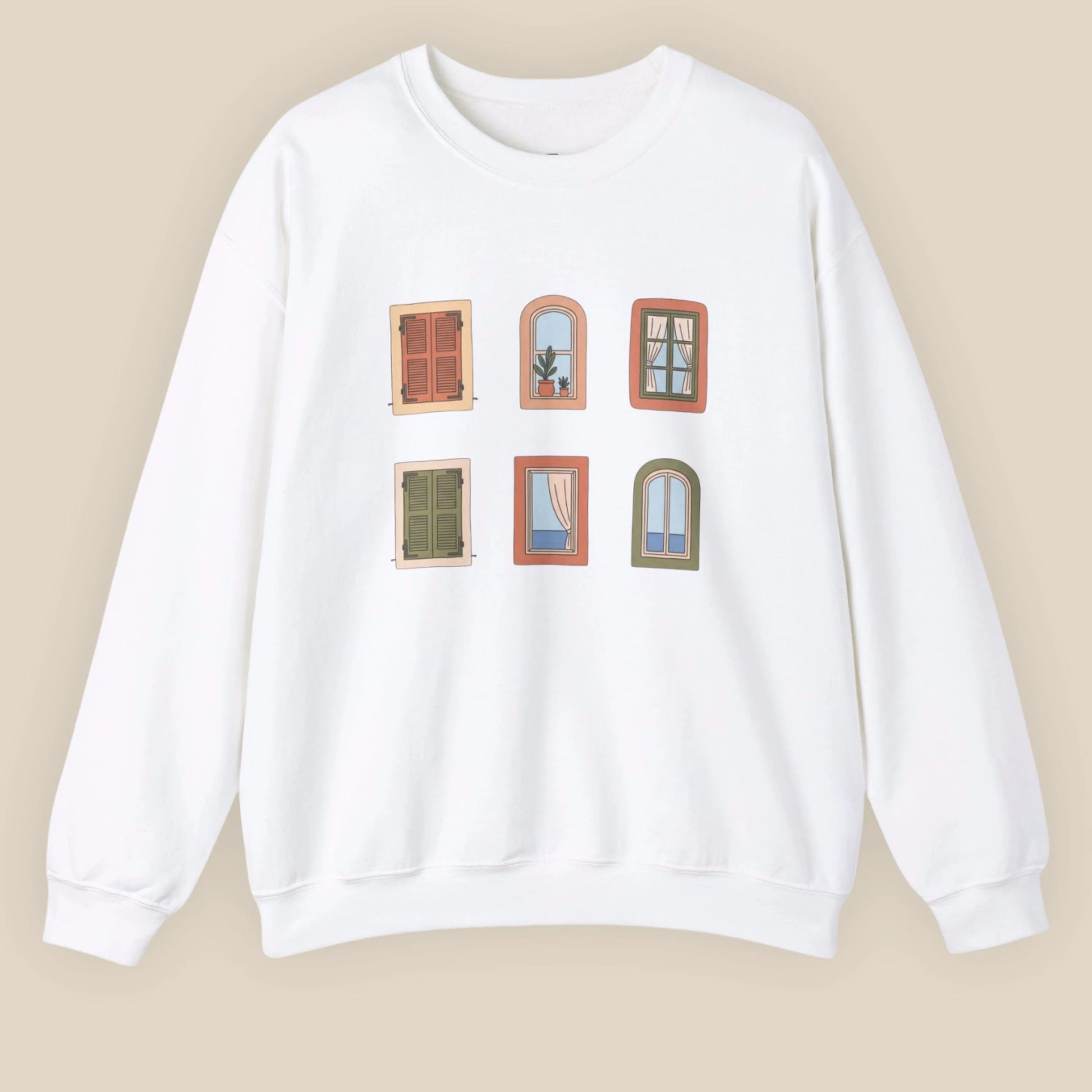 White sweatshirt with window illustrations on a beige background