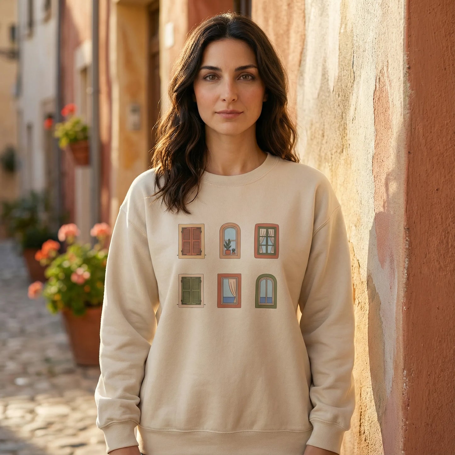 Woman wearing a beige sweatshirt with window designs, standing in a sunlit street.