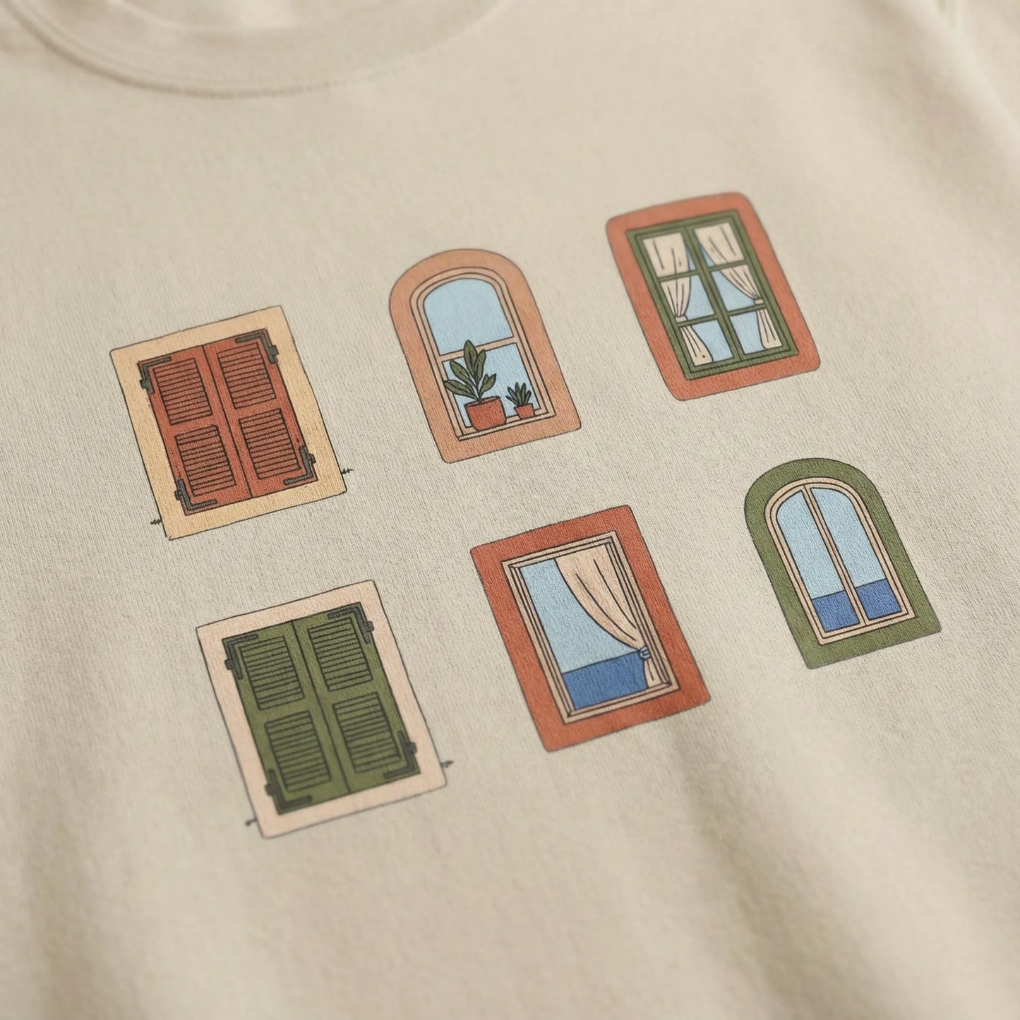 Decorative window illustrations on a beige background