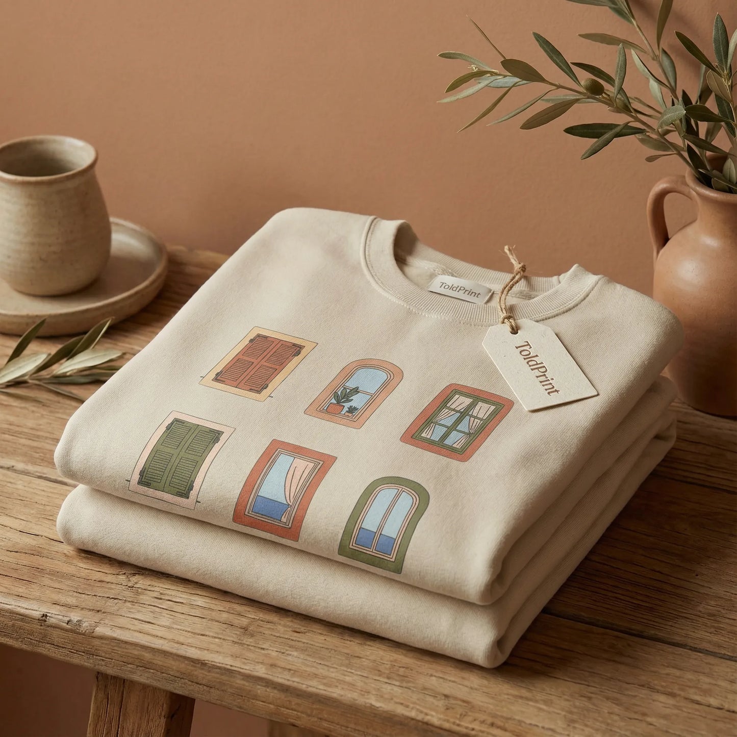 Folded beige sweatshirt with window design on a wooden table with a plant and mug in the background