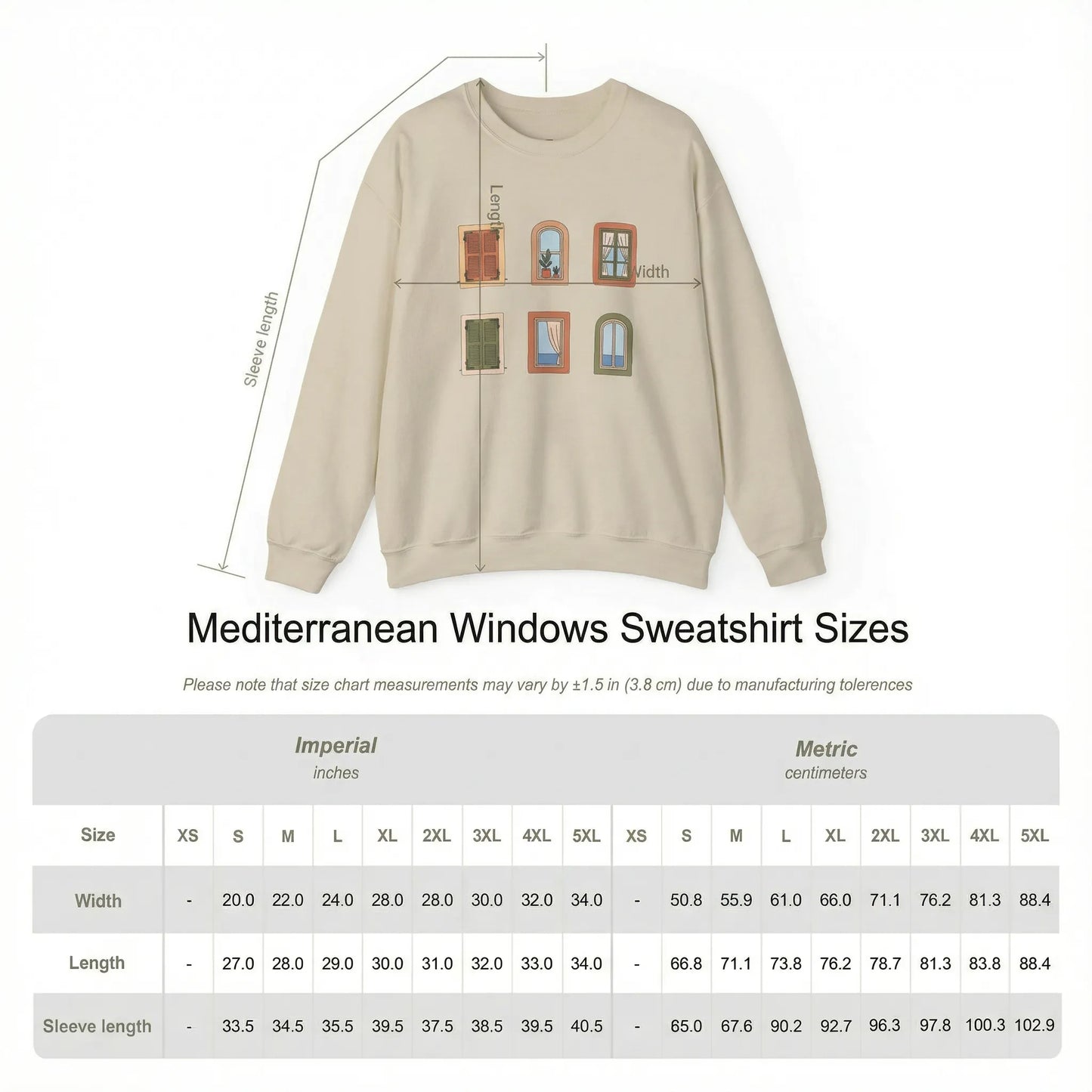 Beige sweatshirt with window design and size chart below on a white background