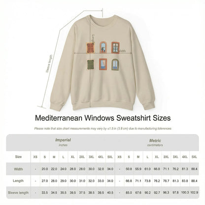 Beige sweatshirt with window design and size chart below on a white background