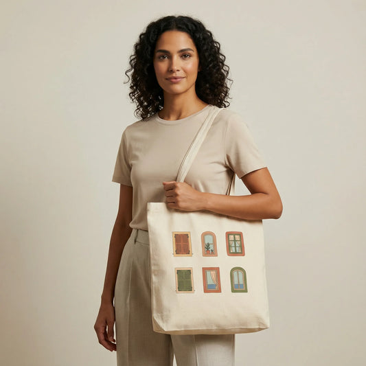 TP:HERO Model holding a natural cotton Mediterranean Windows tote bag in a studio, front print with six Mediterranean windows visible.