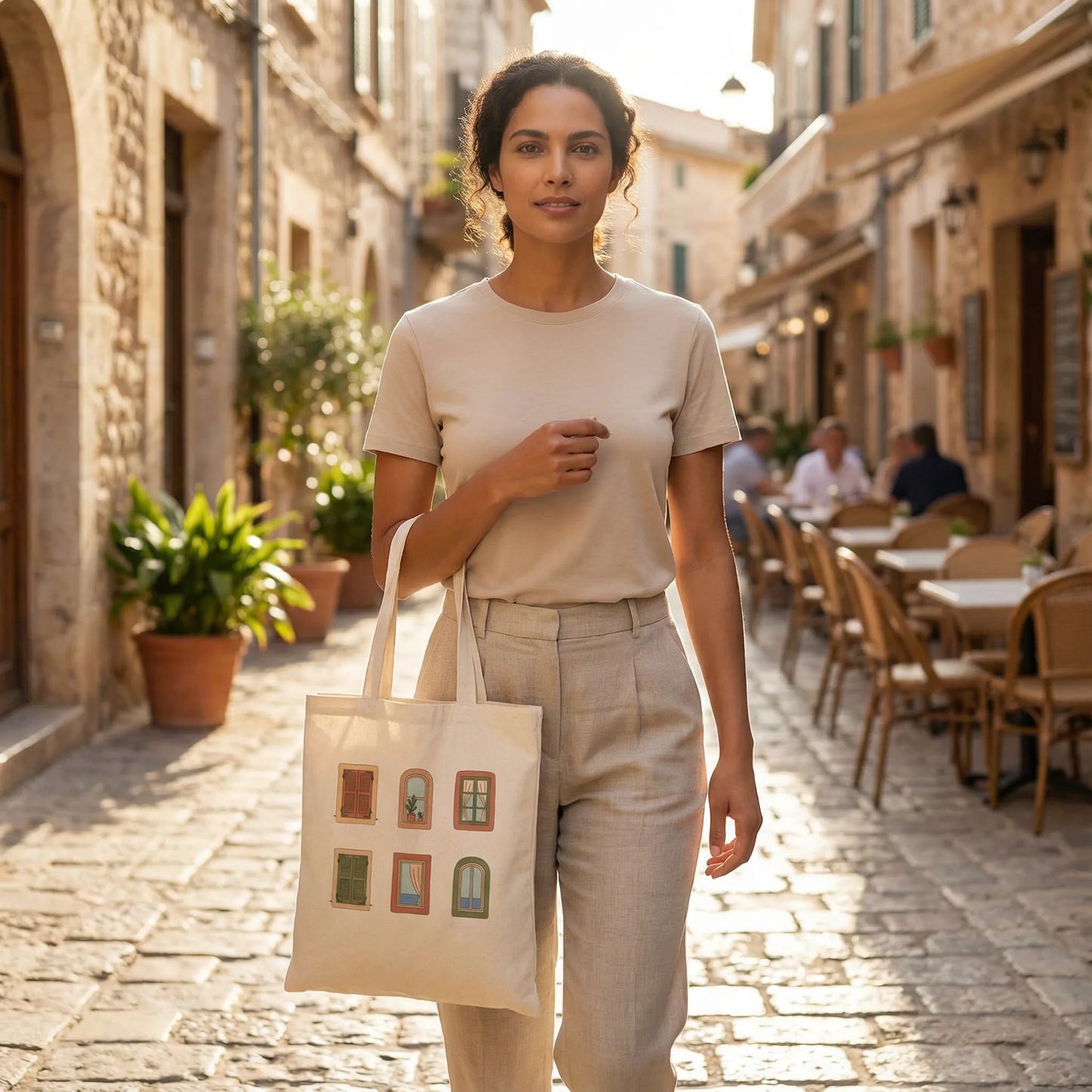 Model walking while holding Mediterranean Windows natural tote bag by the handles.