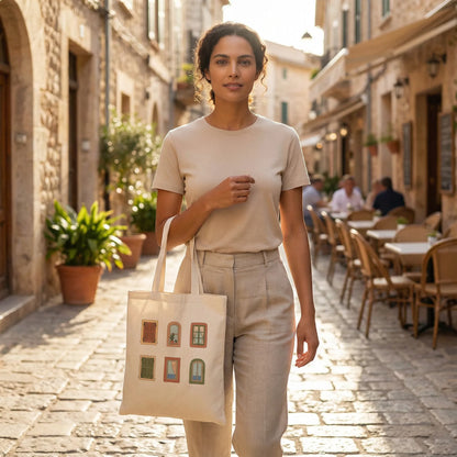 Model walking while holding Mediterranean Windows natural tote bag by the handles.