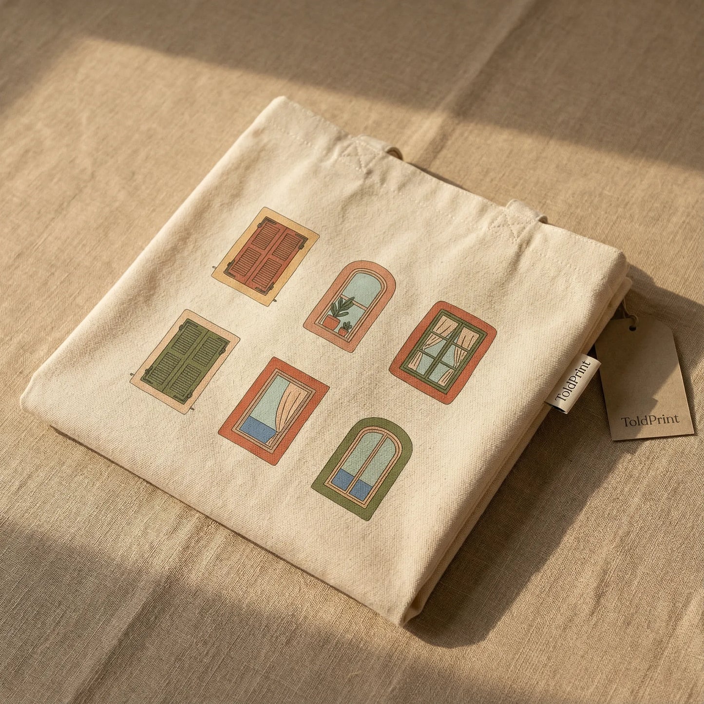 Photorealistic studio packaging shot of the Mediterranean Windows tote bag neatly folded on a neutral surface.