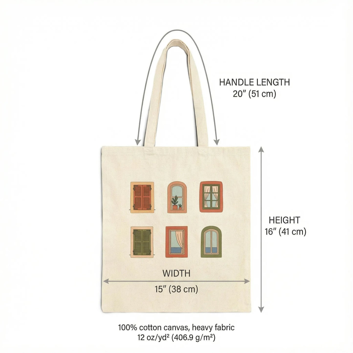 Minimal flat vector size chart for a natural cotton tote bag
