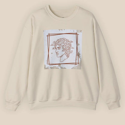 Flat lay of Sand unisex crewneck showing full Minimal Medusa front DTG print
