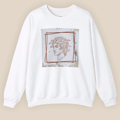 Flat lay of White unisex crewneck showing full Minimal Medusa front DTG print