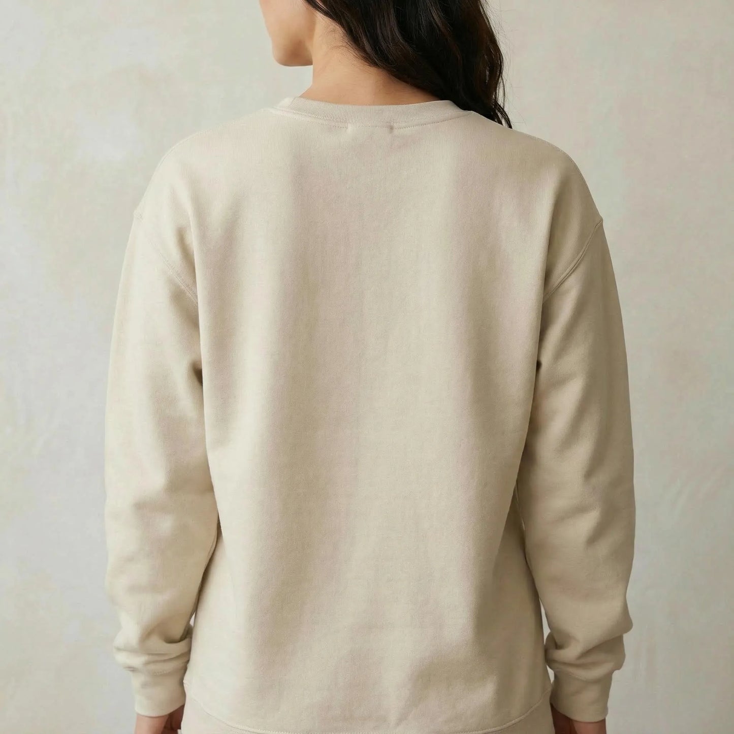 Back studio view of Sand unisex crewneck showing classic fit and ribbed trims