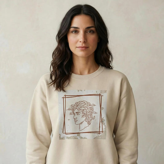 TP:HERO Front studio view of Minimal Medusa unisex sweatshirt in Sand with clean DTG myth-inspired design