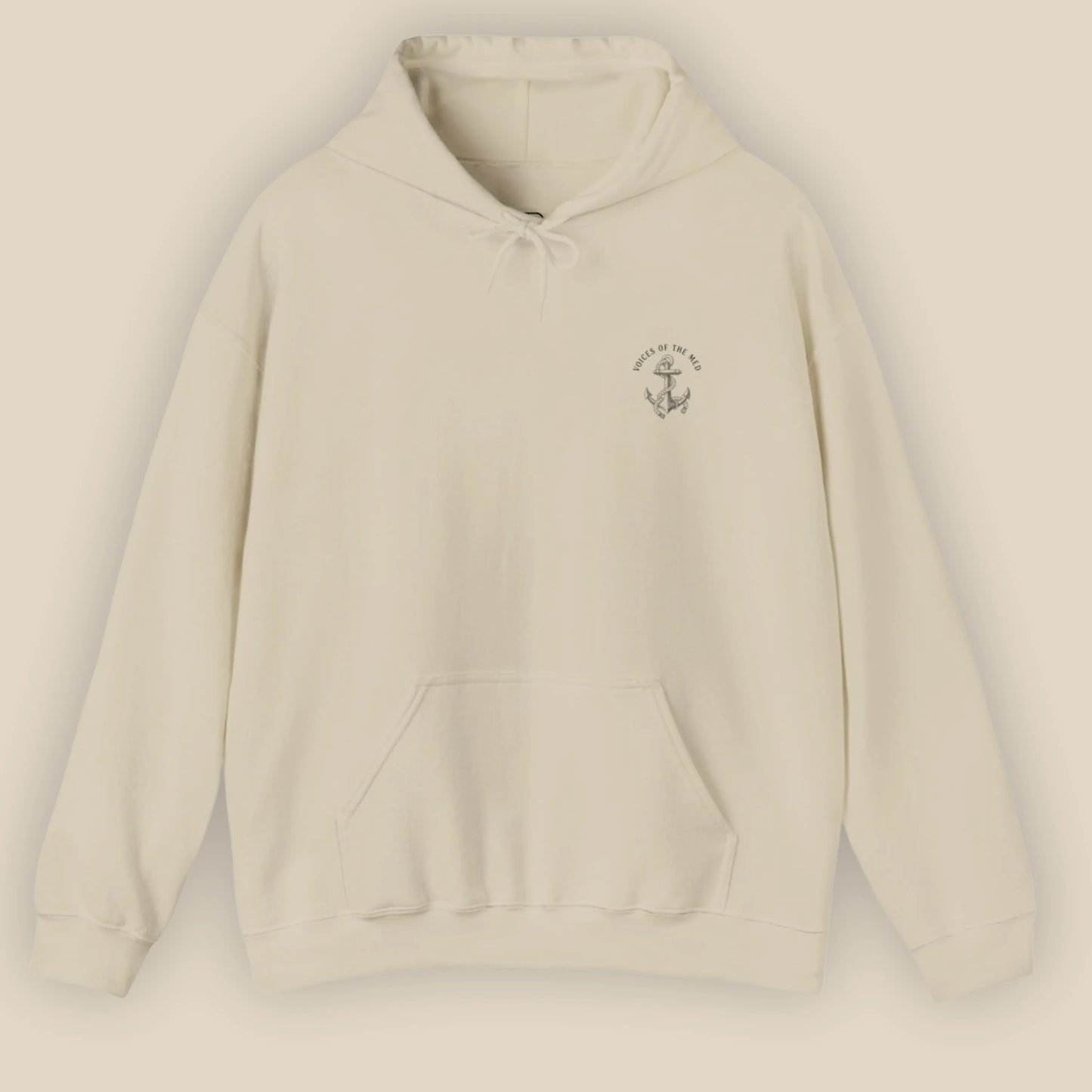 Flat lay of Monk Seal Embrace hoodie in sand colour with ocean conservation design