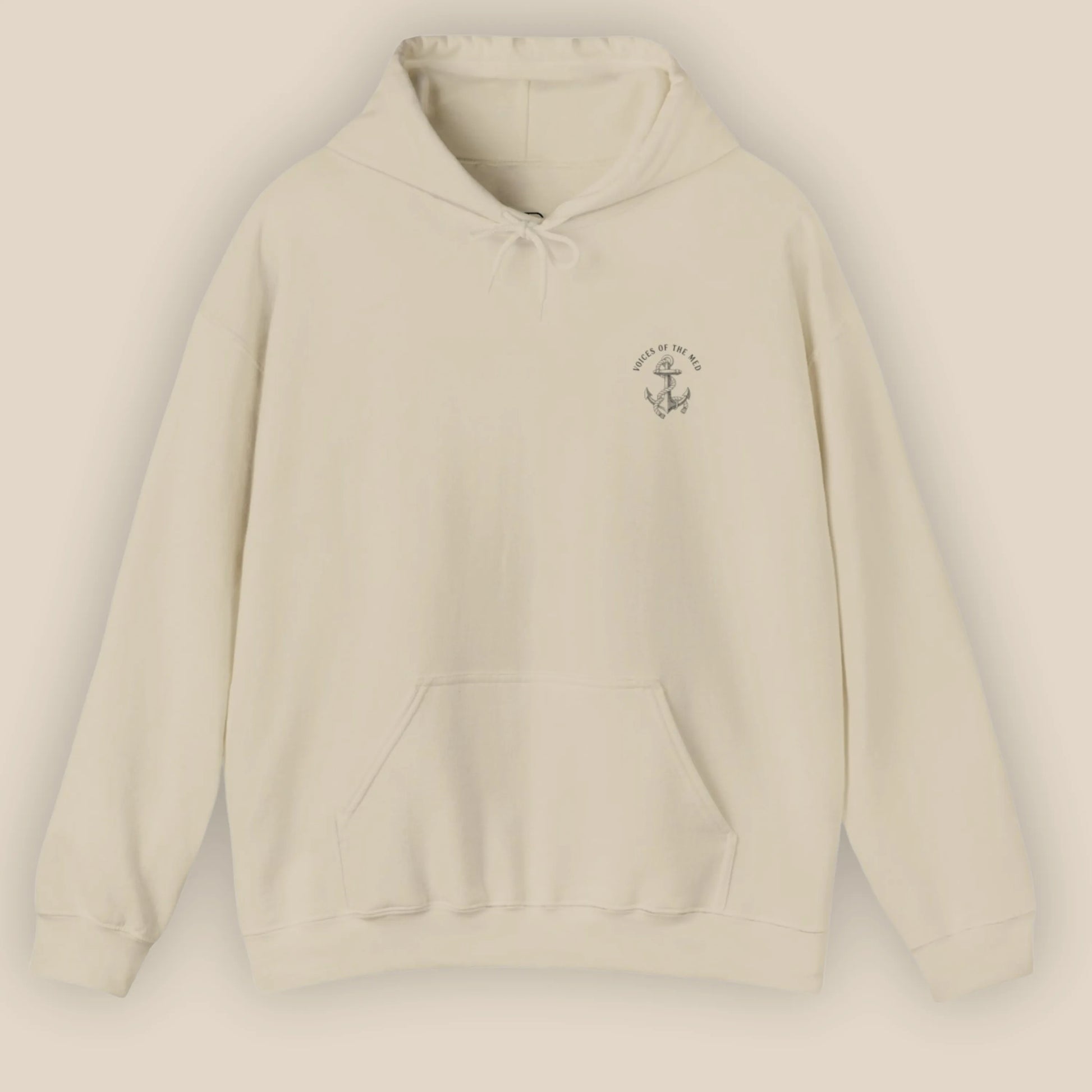 Flat lay of Monk Seal Embrace hoodie in sand colour with ocean conservation design
