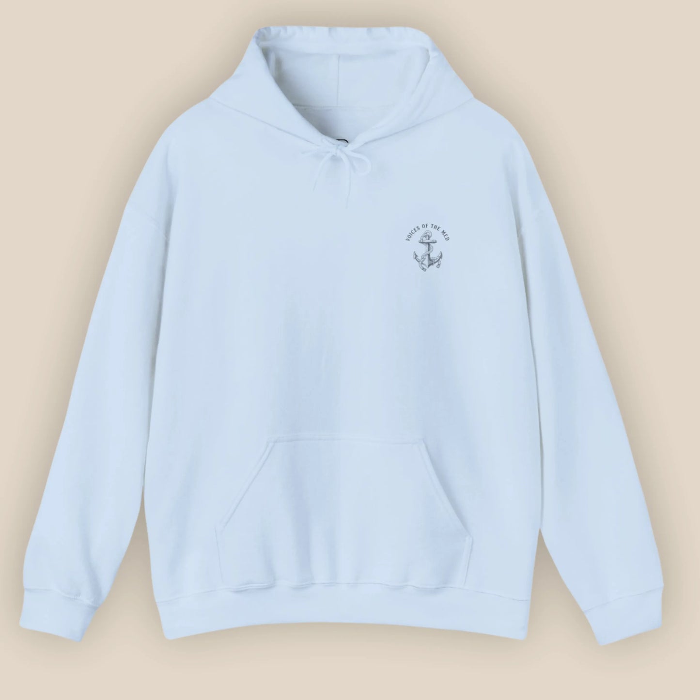 Flat lay of Monk Seal Embrace hoodie in light blue colour with ocean conservation design