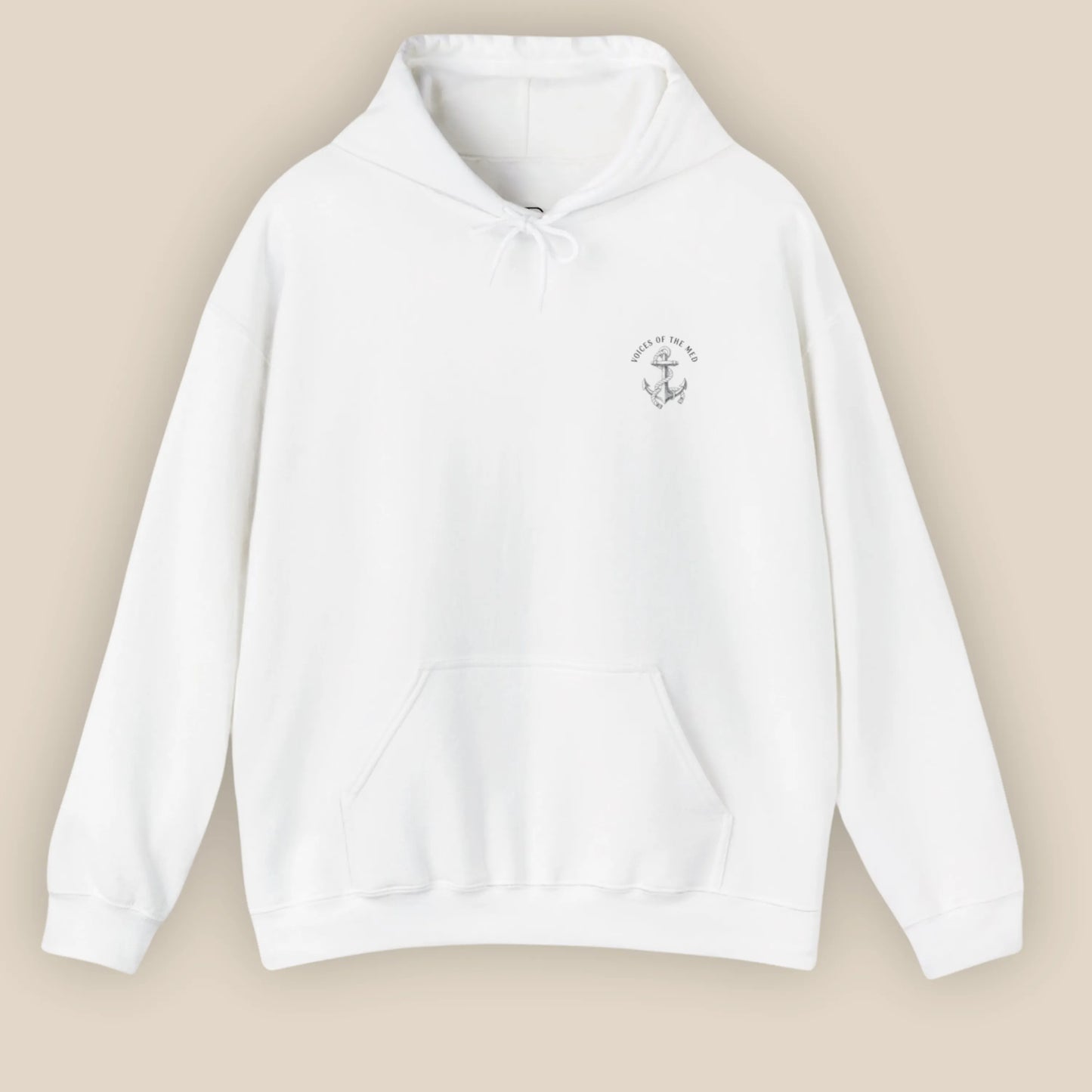Flat lay of Monk Seal Embrace hoodie in white colour with ocean conservation design