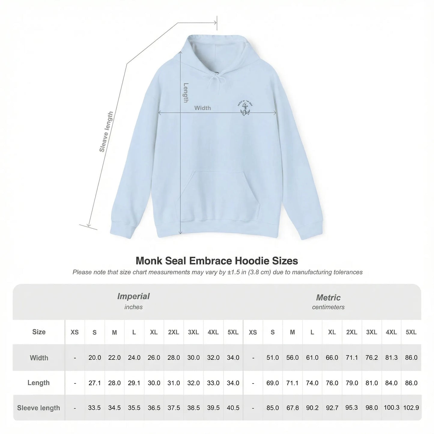 Size chart of Monk Seal Embrace hoodie with ocean conservation design