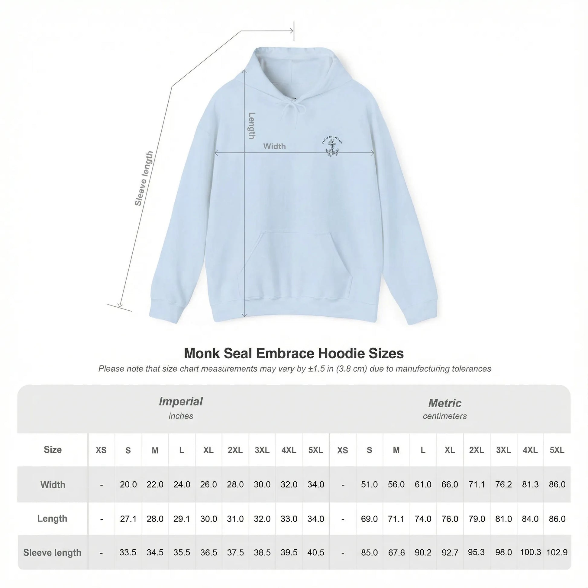 Size chart of Monk Seal Embrace hoodie with ocean conservation design