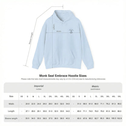 Size chart of Monk Seal Embrace hoodie with ocean conservation design