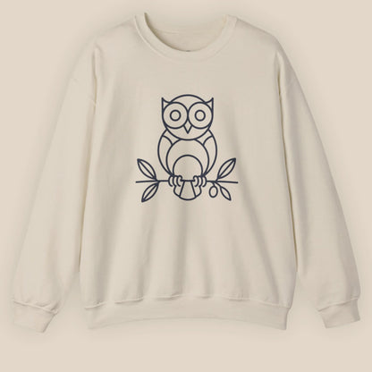 Flat lay of Sand Owl ‘Wisdom’ sweatshirt, front-facing with owl and olive branch print centered