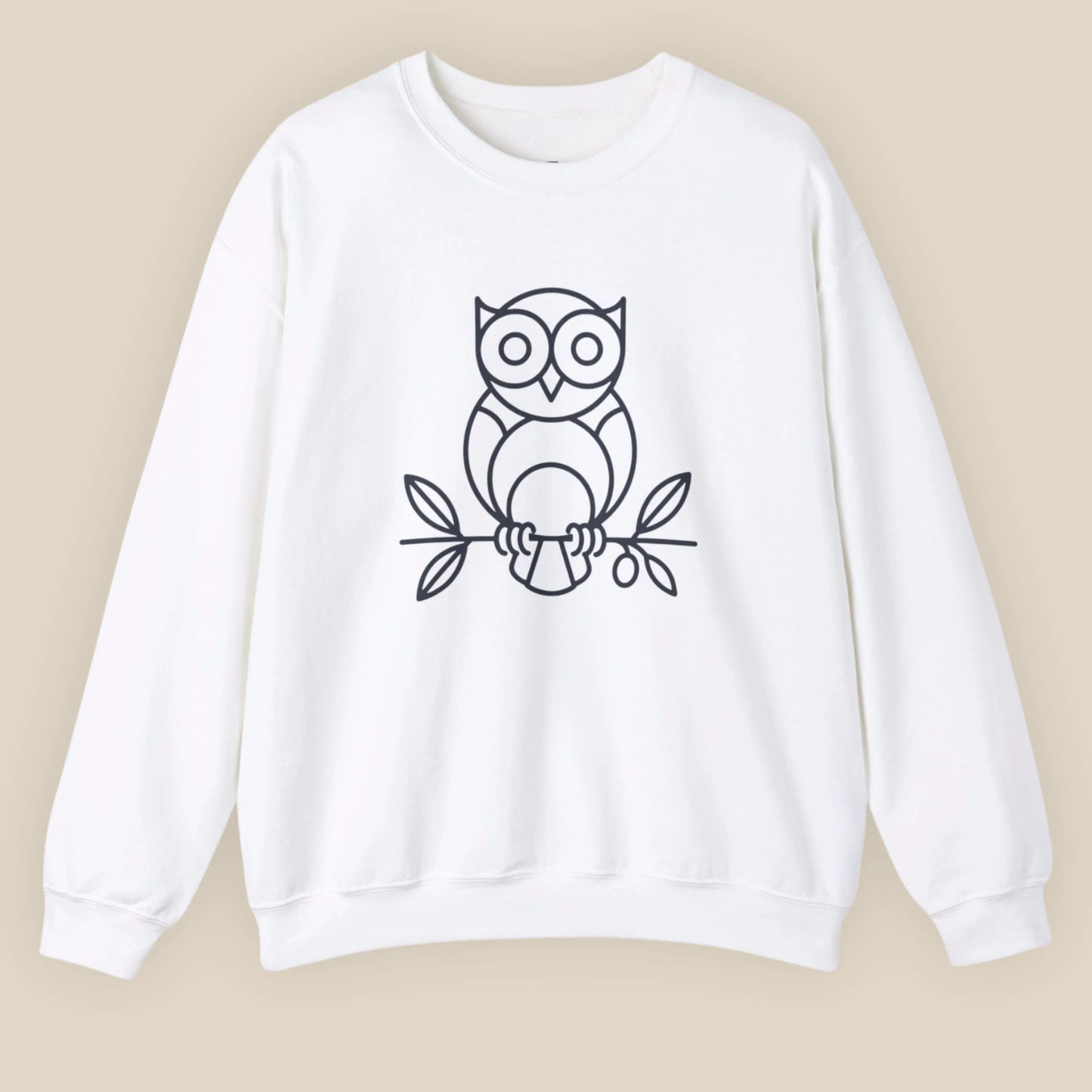 Flat lay of White Owl ‘Wisdom’ sweatshirt, front-facing with owl and olive branch print centered