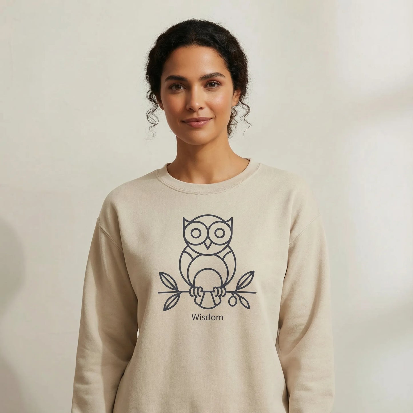 TP:HERO Front studio view of Owl ‘Wisdom’ unisex sweatshirt showing minimalist owl and olive branch design