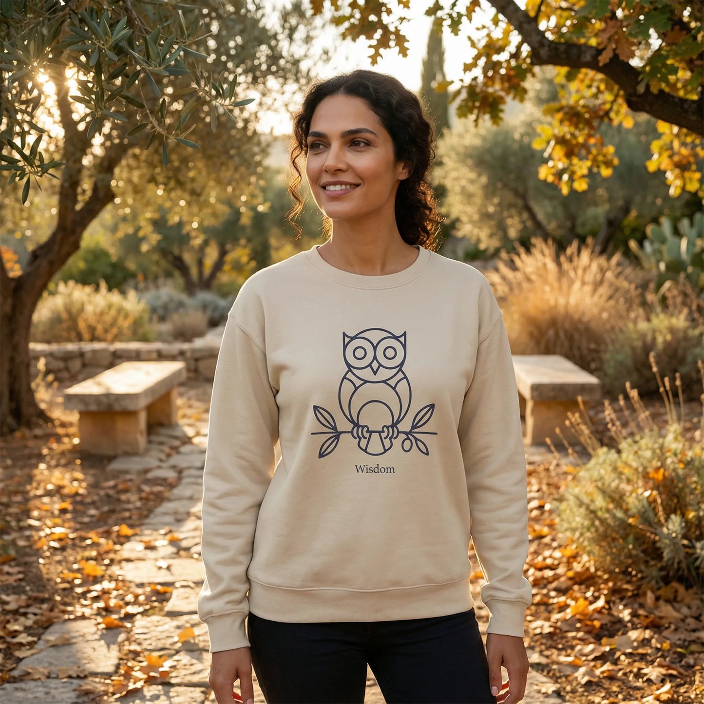 Lifestyle photo in autumn park wearing Owl ‘Wisdom’ sweatshirt with owl and olive branch graphic visible