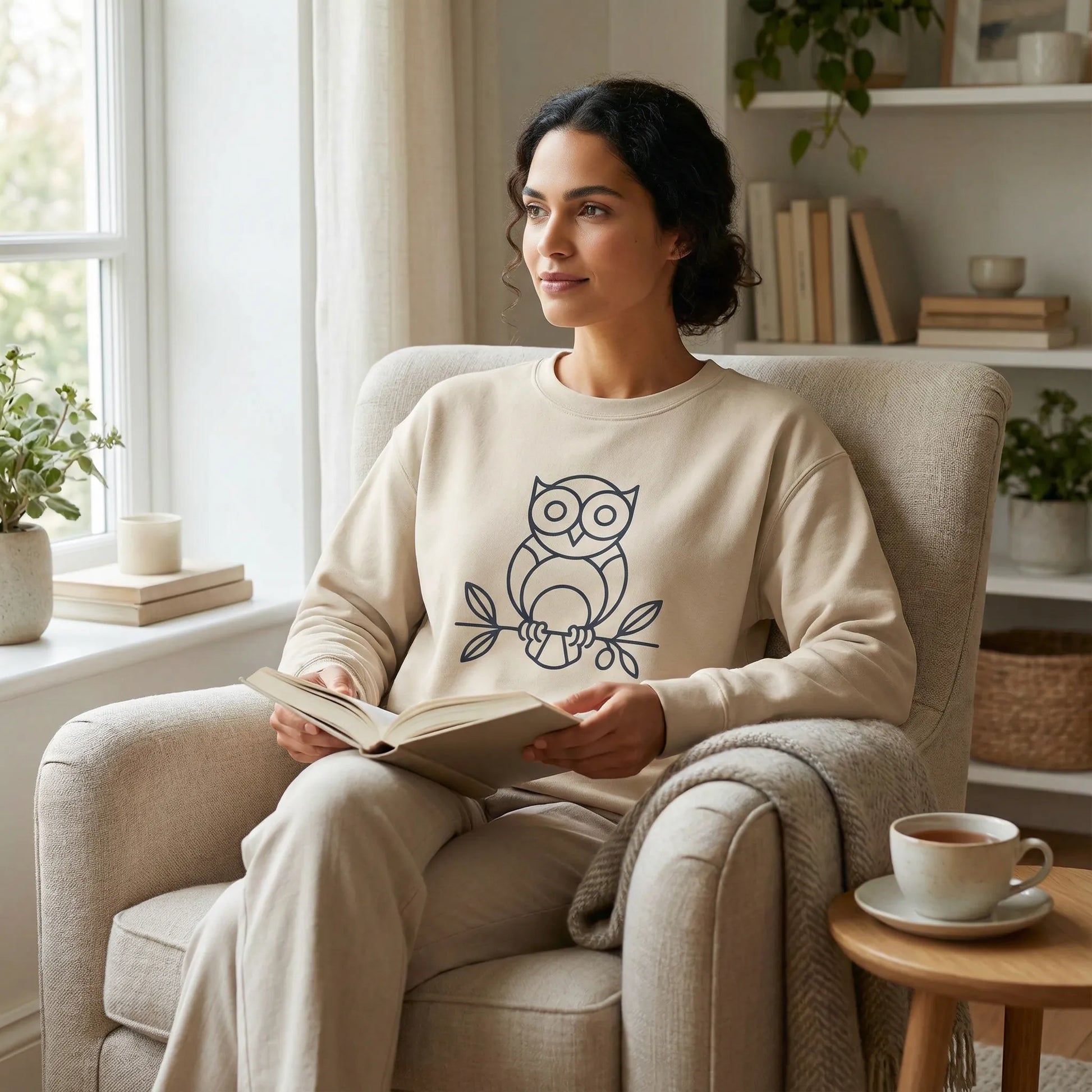 Indoor cozy scene with Owl ‘Wisdom’ sweatshirt, front design clearly shown while reading by the window