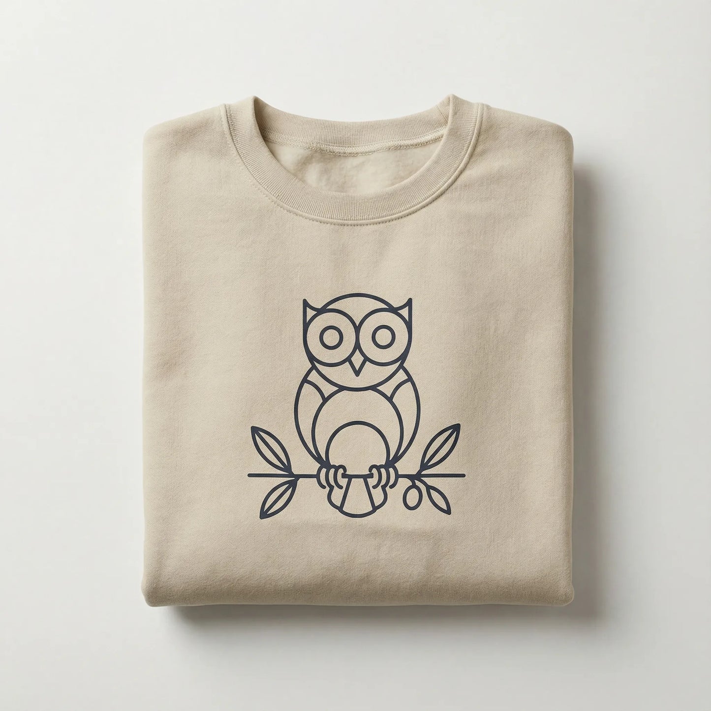 Folded Owl ‘Wisdom’ sweatshirt with minimalist owl motif visible on top